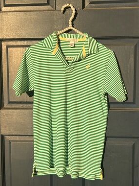 The Beaufort Bonnet Company Green and White Striped Polo with Yellow Trim